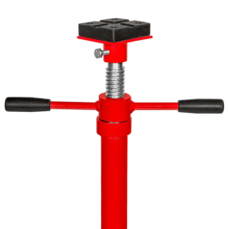 Close-up of saddle head and screw rod on heavy-duty hoist jack stand