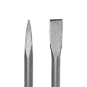 Close-up view of 16-inch flat and point chisel bits for demolition hammers