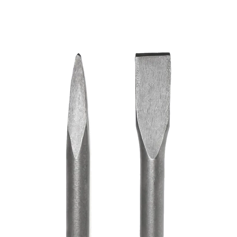 Close-up view of 16-inch flat and point chisel bits for demolition hammers