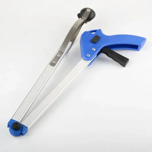Folding grabber tool with blue handle shown in compact, folded position for storage, highlighting locking mechanism and ergonomic trigger.