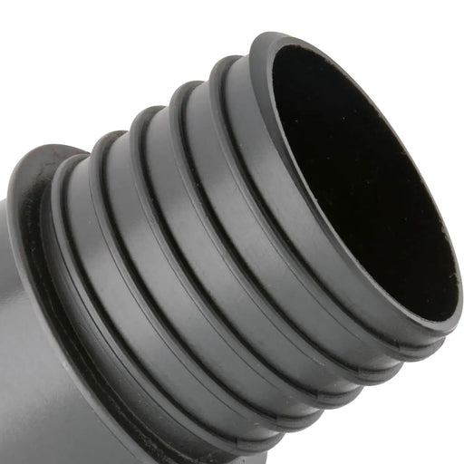 Close-up of threaded end on Woodstock D4230 3-inch dust collection hose quick coupler, black plastic fitting.