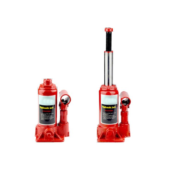 Two red hydraulic bottle jacks side by side on a plain white background, illustrating the fully retracted profile on the left and the maximum extended lifting height with the hydraulic ram and threaded adjustment screw up on the right.