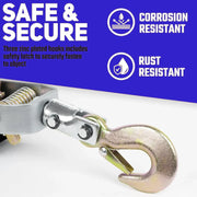 Detail view of the rust resistant zinc plated hooks and safety latch on the 4 ton come along winch.