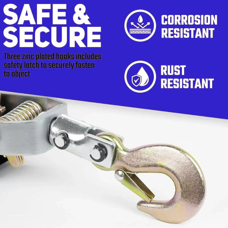 Detail view of the rust resistant zinc plated hooks and safety latch on the 4 ton come along winch.