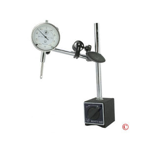 Dial Indicator Magnetic Base Set assembled, featuring a 2 1/4-inch dial, fine adjustment knob, and magnetic base with 7-inch post and 6-inch swing arm.