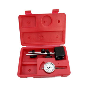 3-piece Dial Indicator Magnetic Base Set with fine adjustment knob, 2 1/4-inch dial, and sturdy magnetic base, displayed with its durable storage case.