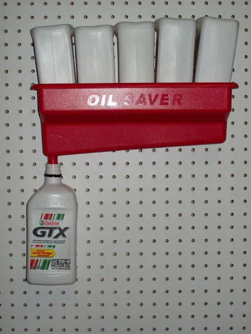 ERS Oil Saver Funnel demonstrating a no-spill design draining five motor oil bottles simultaneously