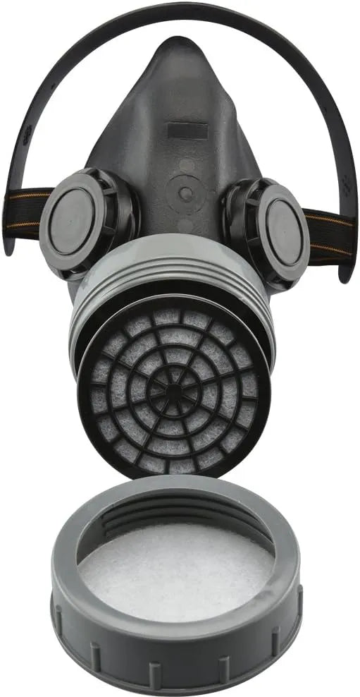 Inside view of the Neiko respirator mask showing the rolled rubber face seal and adjustable head straps.