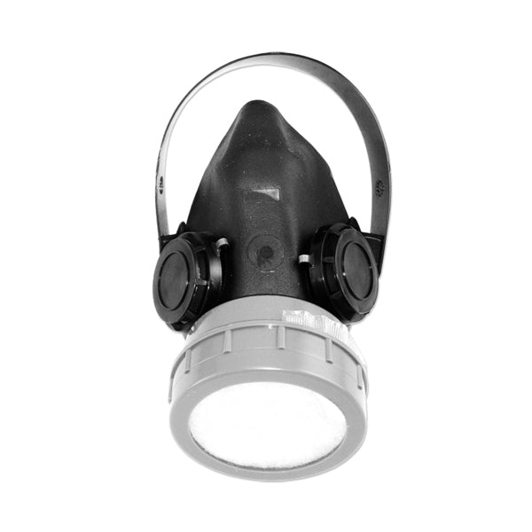 Front view of the Neiko 53883A half mask respirator with filter cartridges installed.