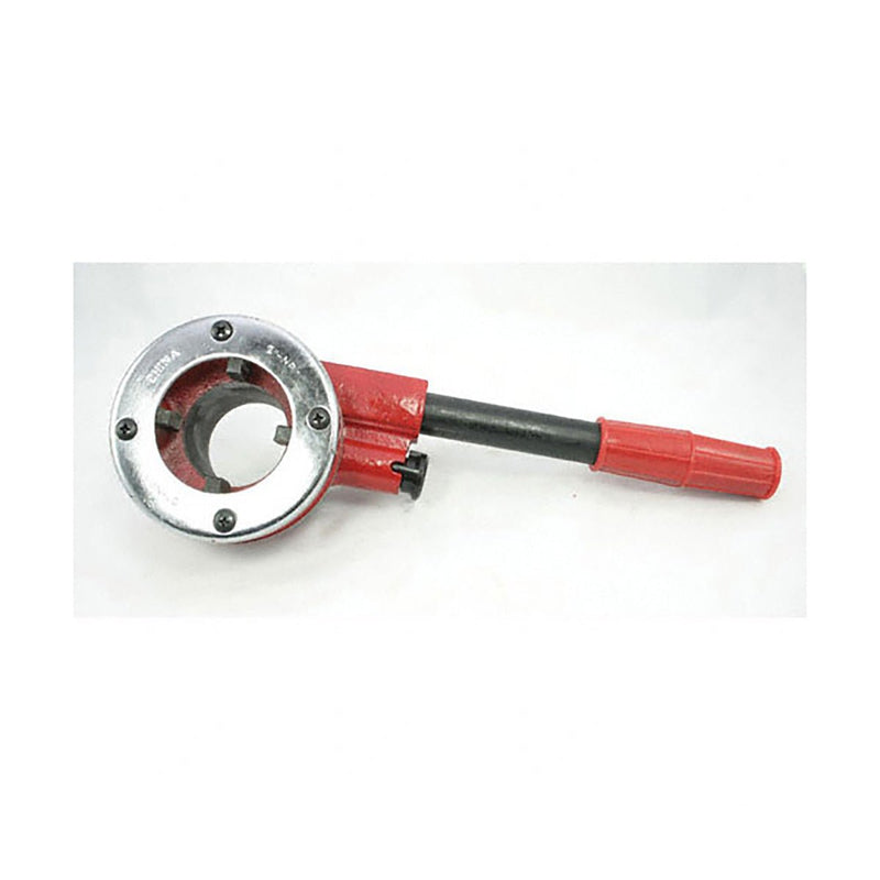 Close-up of the heavy-duty reversible ratchet head and steel handle for the 3-piece pipe threader kit.