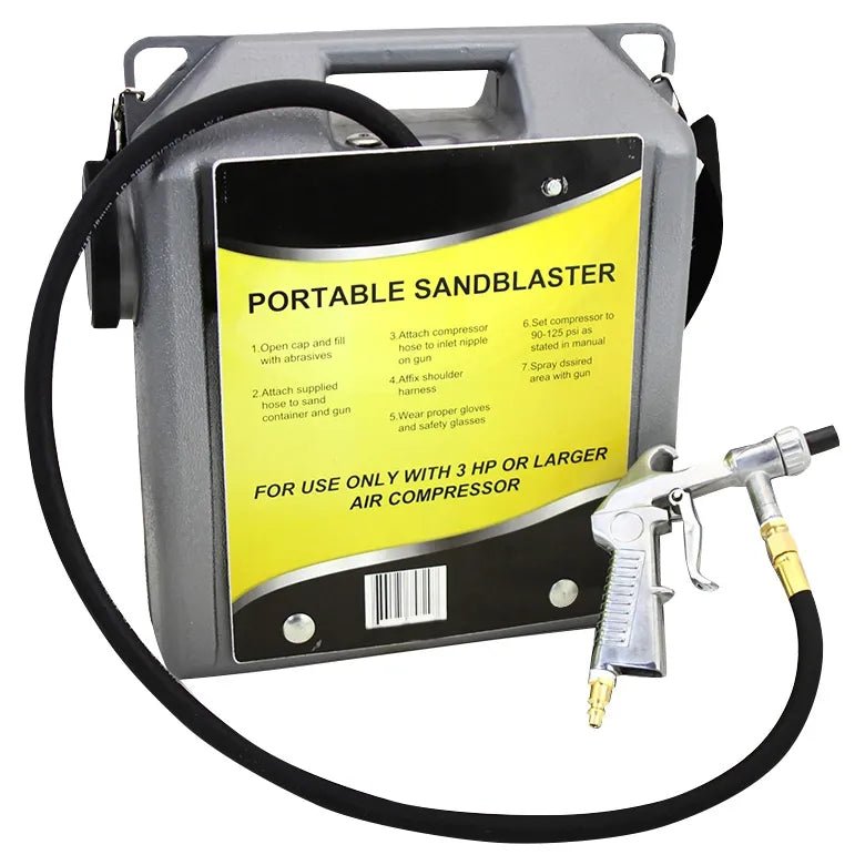 Portable handheld sandblaster 30 lb capacity for rust removal.