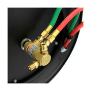 Close-up view of the brass inlet fittings and connection ports on the retractable welding hose reel.