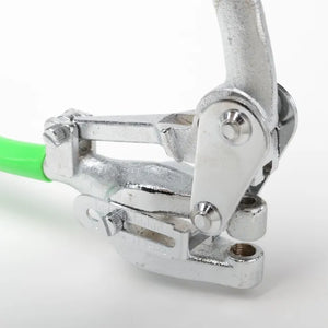 Close-up view of manual sheet metal hole punch showing compound leverage mechanism
