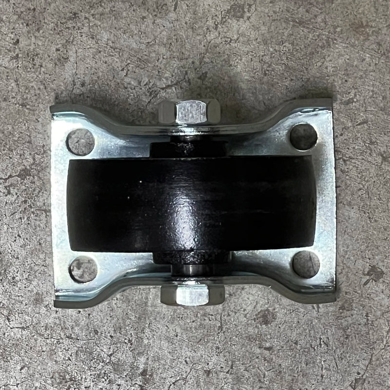 Bottom view of the Steelex D4176 fixed caster showing the solid steel axle and fixed bracket construction.