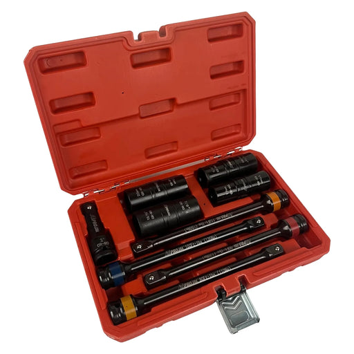 9 pc 1/2 Inch Drive Impact Torque Stick and Flip Socket Set: Yellow, Blue, Grey, and Red Color-Coded Torque Bars with Four Black CR-MO Lug Nut Flip Sockets and One Short Extension.