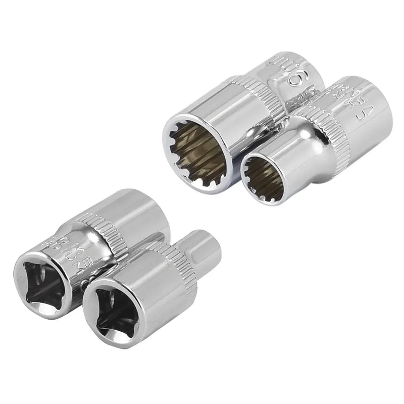 Close-up of the 1/4 inch drive universal spline sockets showing the specialized 12-point internal geometry
