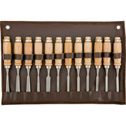 12-piece carving chisel set with beech wood handles, steel ferrules, and a leather roll-up pouch, including various straight, skew, gouge, and specialty chisels.
